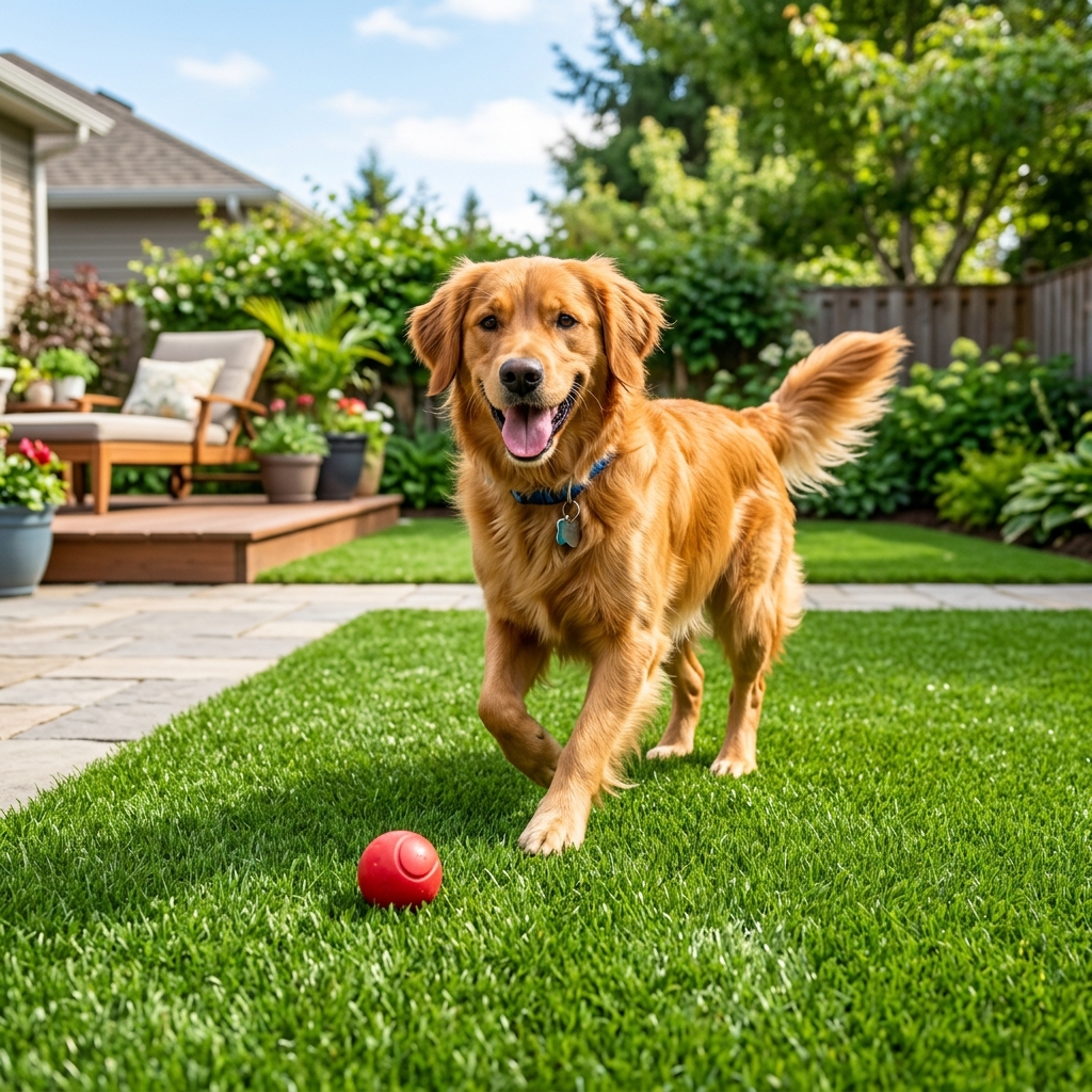 Happy dog sitting on clean, high-drainage pet turf