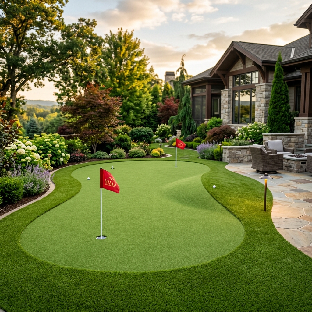 Custom backyard putting green with cups and flags