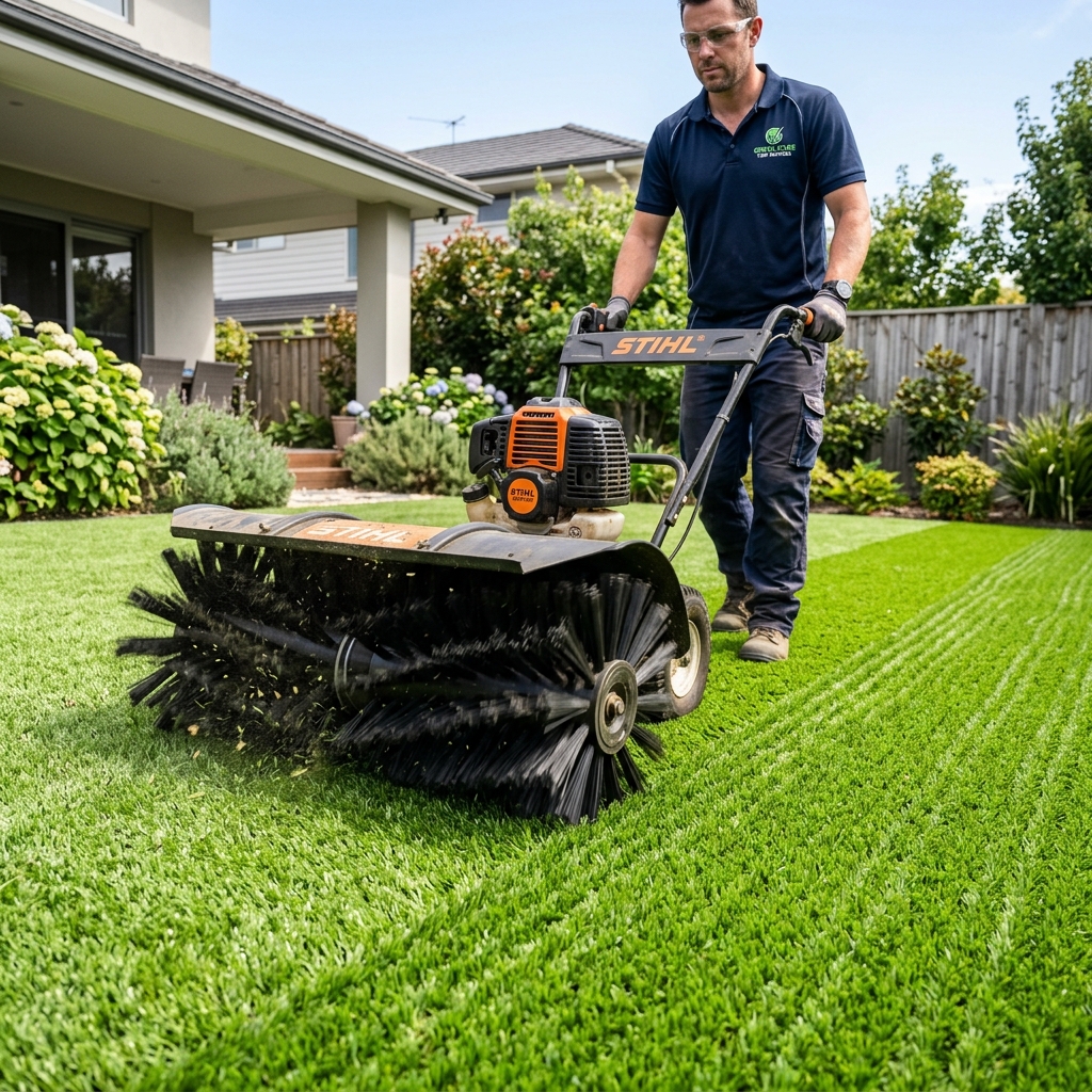 Technician cleaning synthetic grass with a motorized power broom